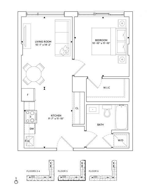 Floor plan for 1 bed, 1 bath, 604 sqft